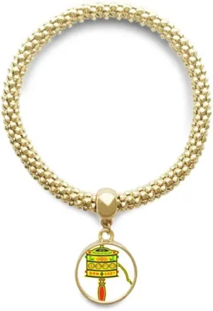DIYthinker Culture Religion Prayer Wheel Sanskrit Golden Bracelet Round Pendant Jewelry Chain