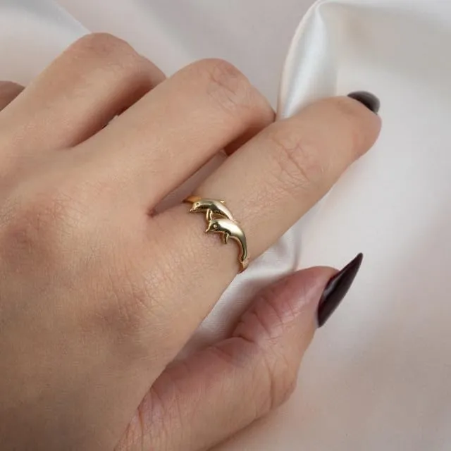 Dolphins Ocean Fine Ring Real Solid 10K Gold