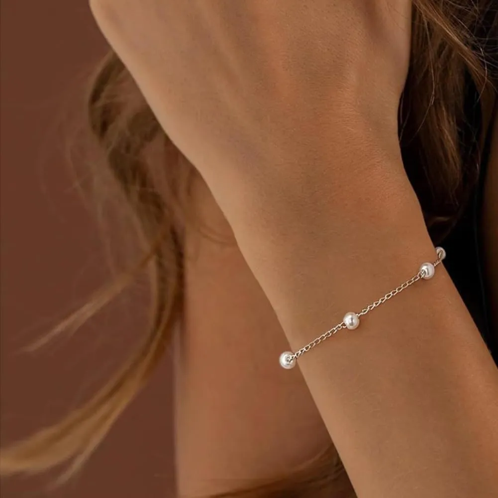 Double Layered Pearl Bracelet for Women Gold Imitation Chain Pearl Bracelet Link Adjustable Dainty Pearls Beaded Chain Heart Pearl Bracelets Summer Beach Jewelry