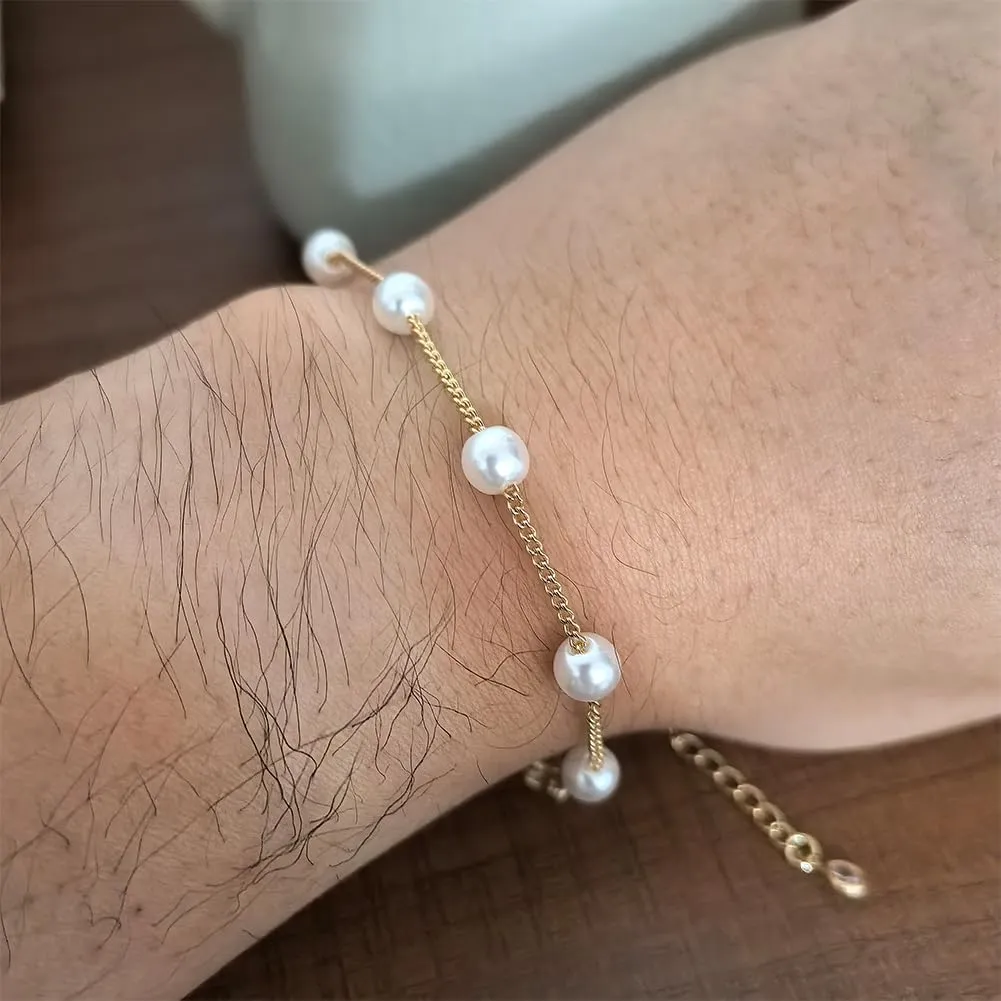 Double Layered Pearl Bracelet for Women Gold Imitation Chain Pearl Bracelet Link Adjustable Dainty Pearls Beaded Chain Heart Pearl Bracelets Summer Beach Jewelry