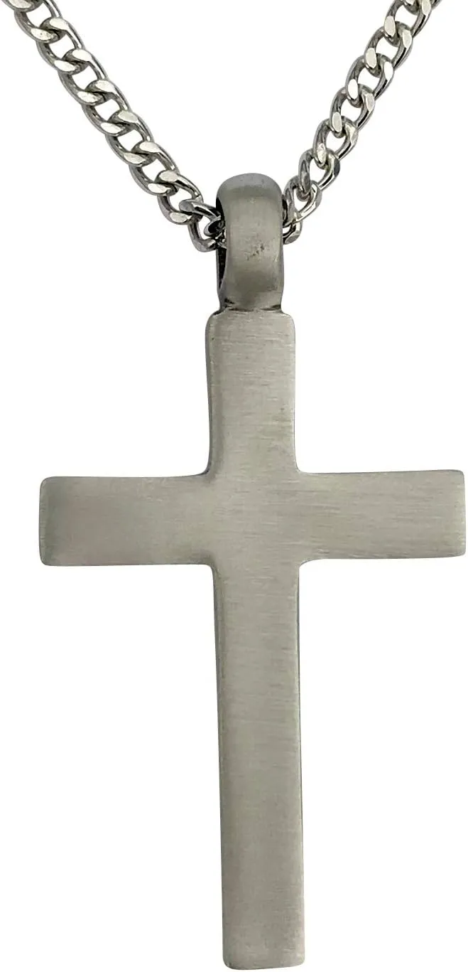 DragonWeave Jewelry Pewter Plain Large Cross Pendant with Extra Large Bail, on Men's Heavy Curb Chain Necklace, 24"