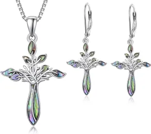 Dreamboat Cross Tree of Life Earrings and Necklace Sterling Silver Abalone Shell Faith Christian Jewelry Confirmation Religious Gifts for Mom
