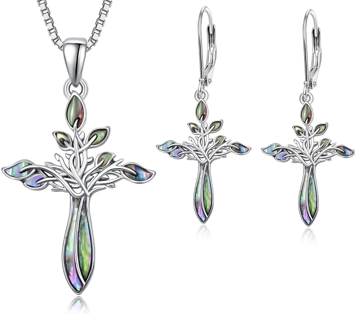 Dreamboat Cross Tree of Life Earrings and Necklace Sterling Silver Abalone Shell Faith Christian Jewelry Confirmation Religious Gifts for Mom