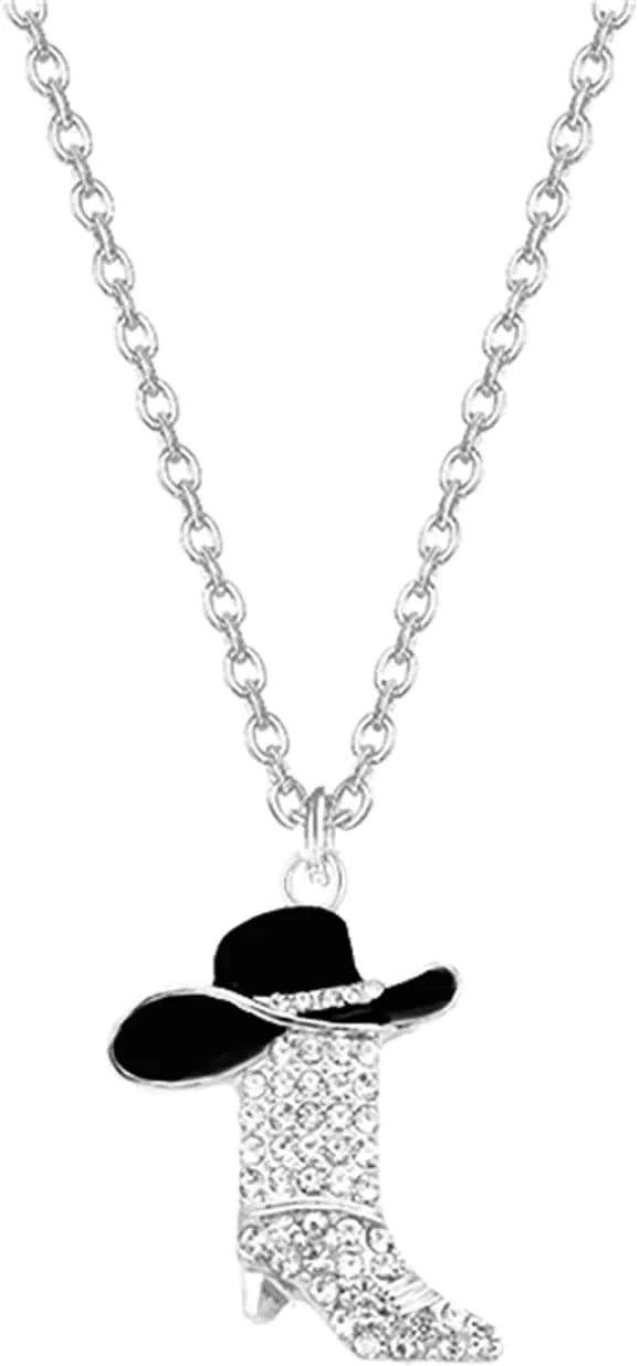 Dreuyet Charm Cowgirl Boots Pendant Necklace for Women Dainty Luck Rhinestones Enamel Western Boots Necklaces Vintage Boho Hat Choker Necklace Western Style Jewelry Gifts