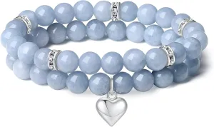 DUQGUHO Heart Bracelet for Women Healing Crystals Bracelets 8mm Love Charm Bracelet for Women Natural Stone Stretch Beads Bracelet Gifts for Women 2Pcs
