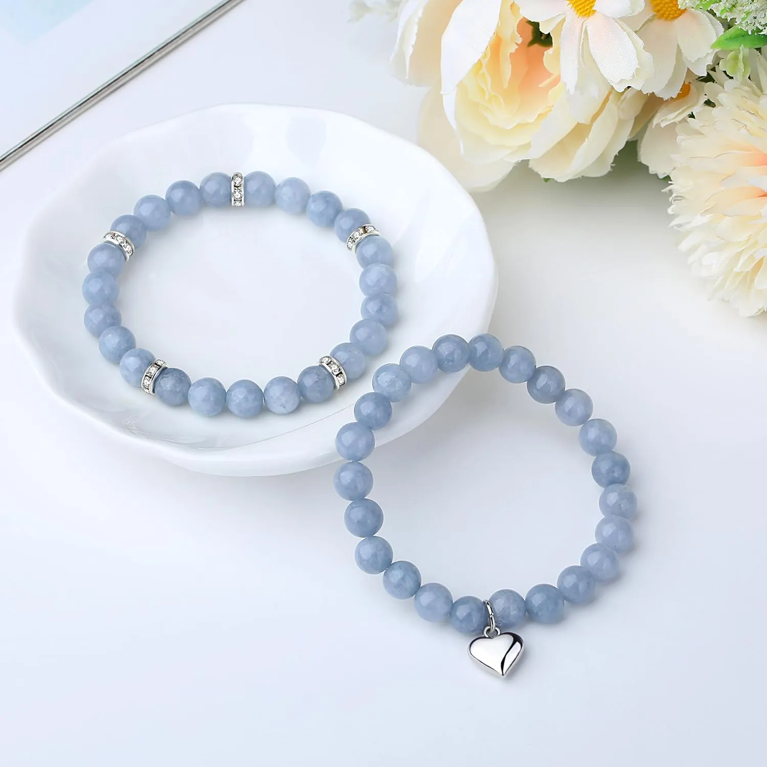 DUQGUHO Heart Bracelet for Women Healing Crystals Bracelets 8mm Love Charm Bracelet for Women Natural Stone Stretch Beads Bracelet Gifts for Women 2Pcs