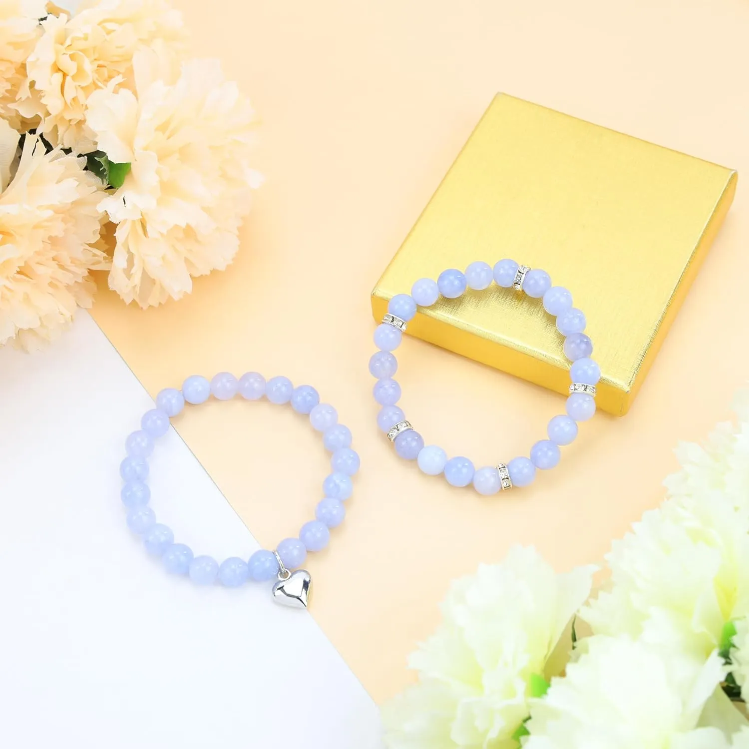 DUQGUHO Heart Bracelet for Women Healing Crystals Bracelets 8mm Love Charm Bracelet for Women Natural Stone Stretch Beads Bracelet Gifts for Women 2Pcs