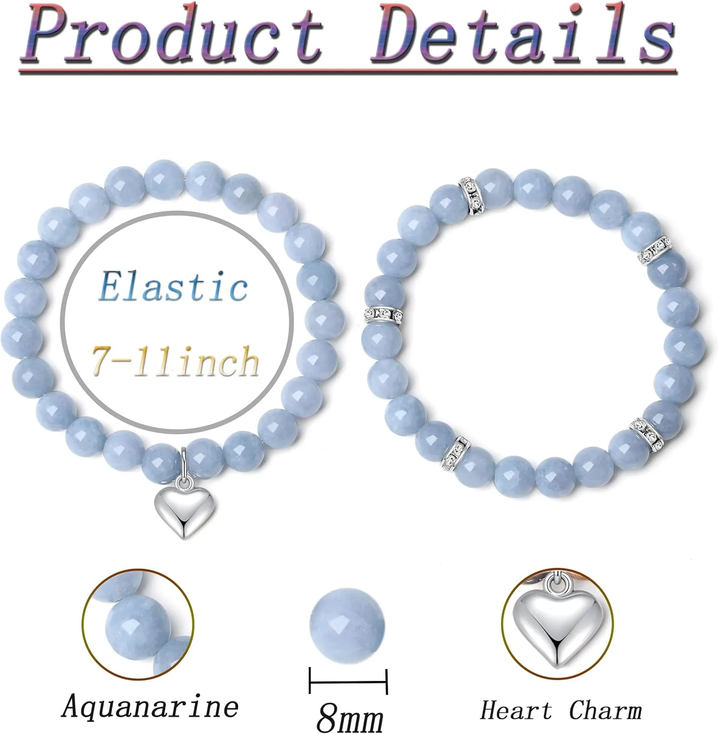 DUQGUHO Heart Bracelet for Women Healing Crystals Bracelets 8mm Love Charm Bracelet for Women Natural Stone Stretch Beads Bracelet Gifts for Women 2Pcs