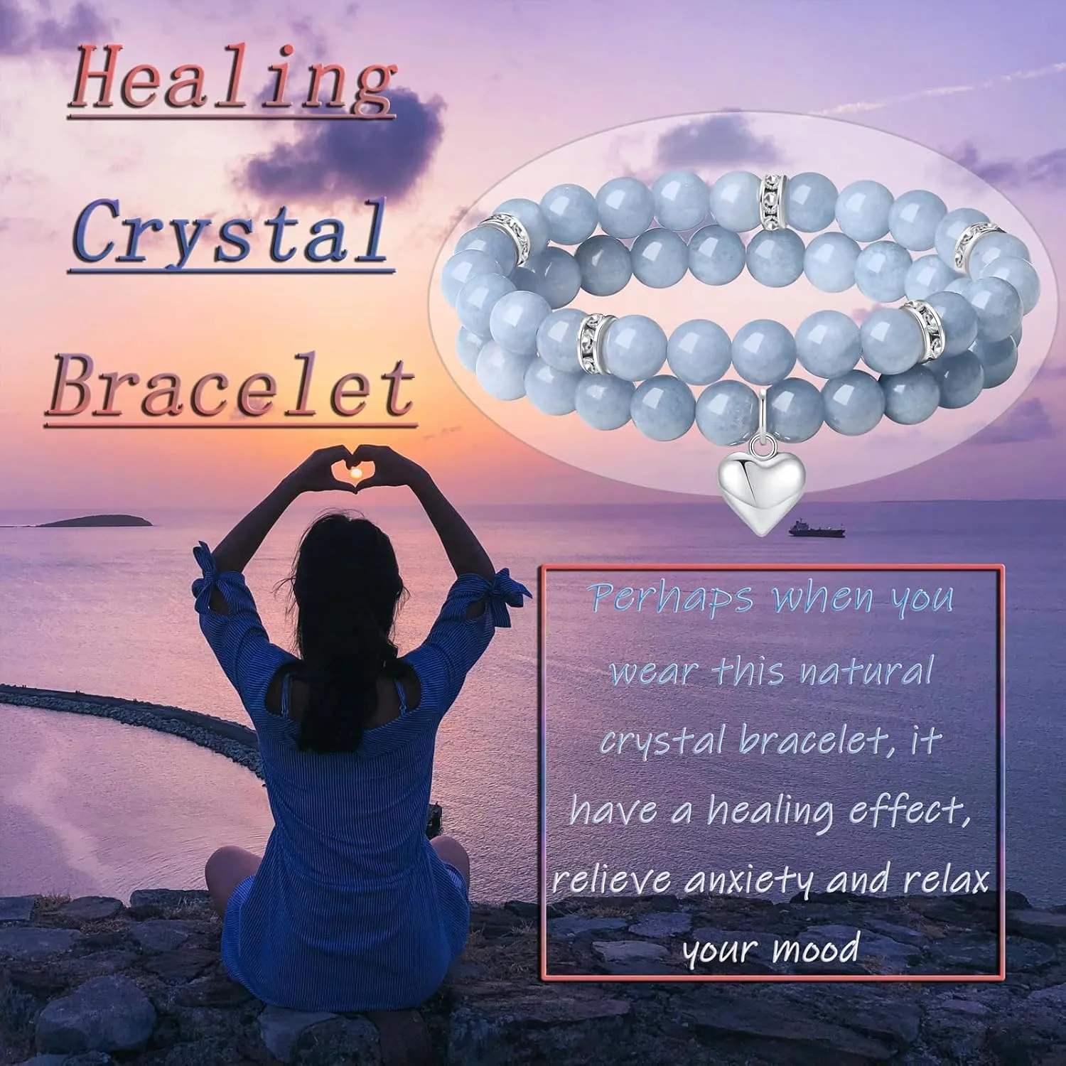 DUQGUHO Heart Bracelet for Women Healing Crystals Bracelets 8mm Love Charm Bracelet for Women Natural Stone Stretch Beads Bracelet Gifts for Women 2Pcs