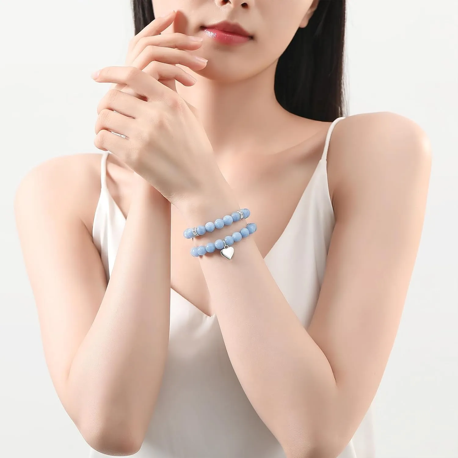 DUQGUHO Heart Bracelet for Women Healing Crystals Bracelets 8mm Love Charm Bracelet for Women Natural Stone Stretch Beads Bracelet Gifts for Women 2Pcs