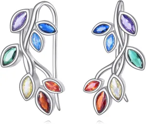 Ear Cuff S925 Sterling Silver Leaf Crawler Earrings for Women Chakra Colorful Plant Earrings Cartilage Jewelry for Gift