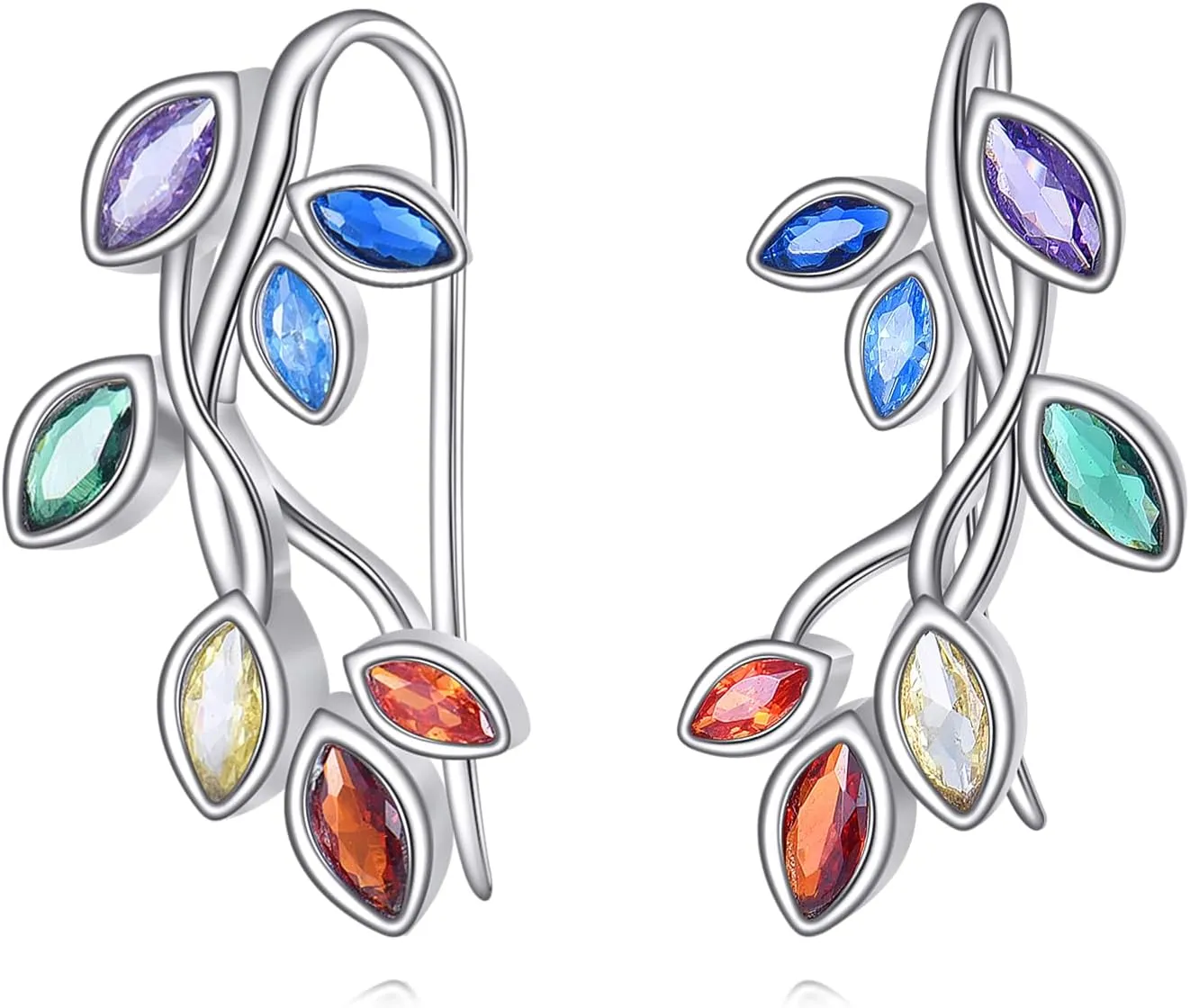 Ear Cuff S925 Sterling Silver Leaf Crawler Earrings for Women Chakra Colorful Plant Earrings Cartilage Jewelry for Gift