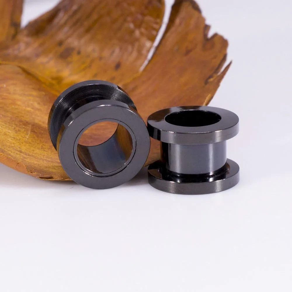 Ear Plugs Jewelry. Pair of Screw Ear Tunnels Black IP. Surgical Steel.