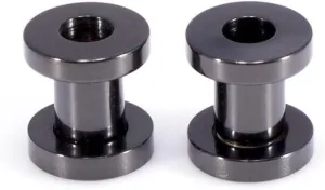 Ear Plugs Jewelry. Pair of Screw Ear Tunnels Black IP. Surgical Steel.