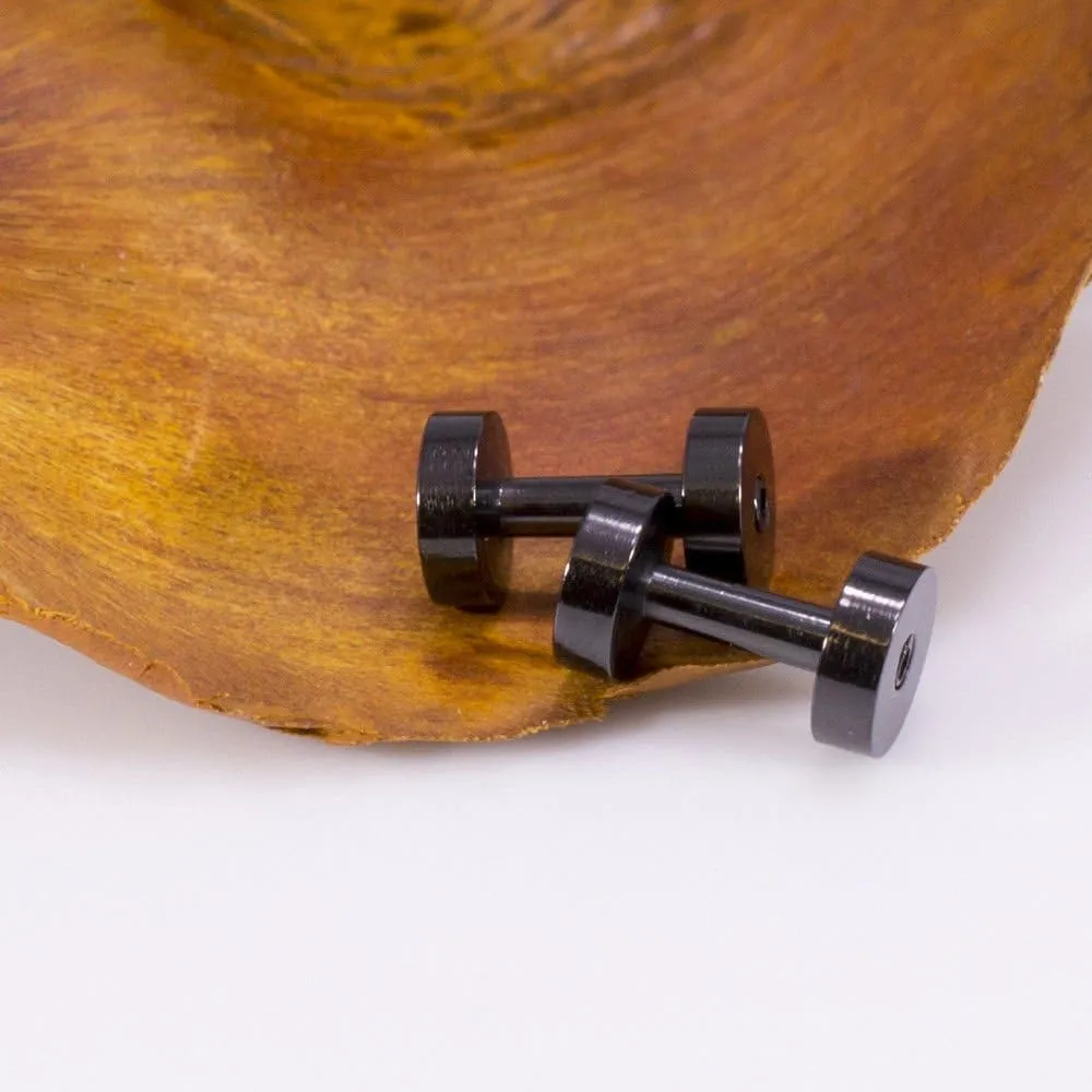 Ear Plugs Jewelry. Pair of Screw Ear Tunnels Black IP. Surgical Steel.