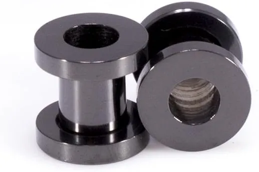 Ear Plugs Jewelry. Pair of Screw Ear Tunnels Black IP. Surgical Steel.