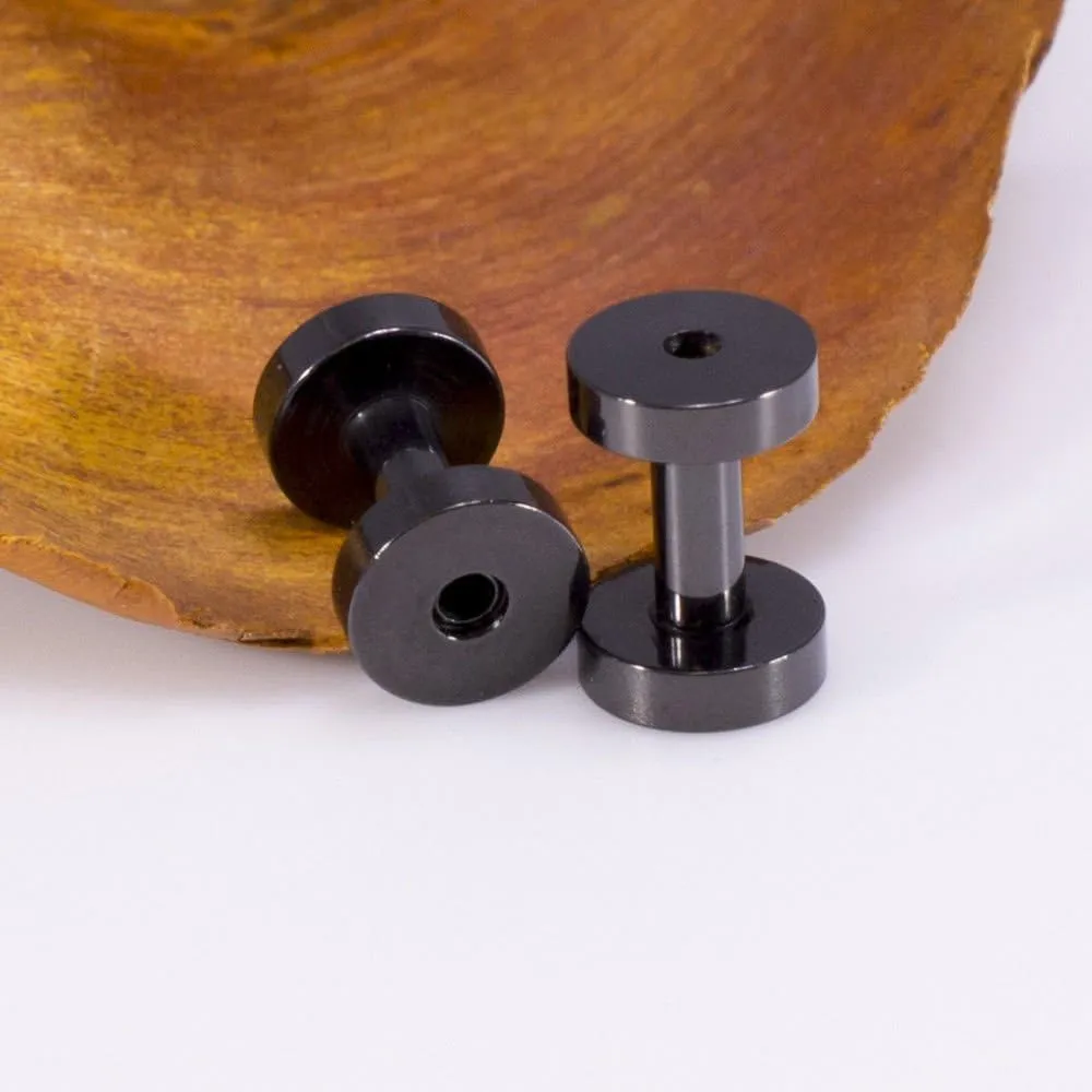 Ear Plugs Jewelry. Pair of Screw Ear Tunnels Black IP. Surgical Steel.
