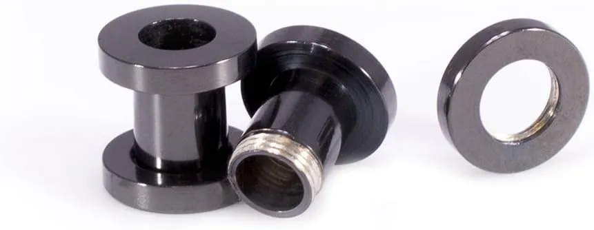 Ear Plugs Jewelry. Pair of Screw Ear Tunnels Black IP. Surgical Steel.