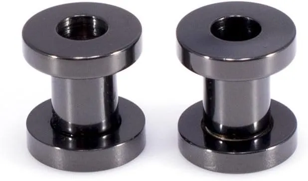 Ear Plugs Jewelry. Pair of Screw Ear Tunnels Black IP. Surgical Steel.