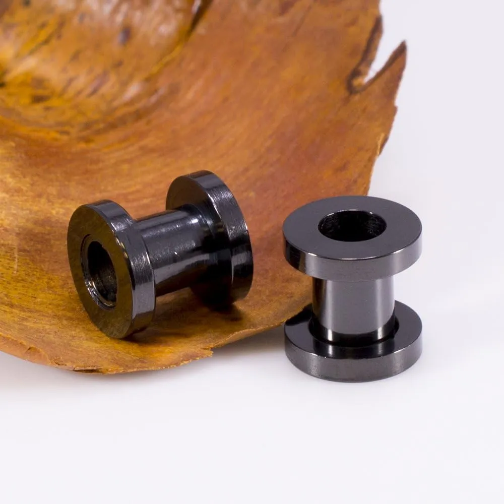 Ear Plugs Jewelry. Pair of Screw Ear Tunnels Black IP. Surgical Steel.
