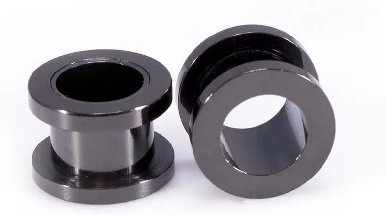 Ear Plugs Jewelry. Pair of Screw Ear Tunnels Black IP. Surgical Steel.