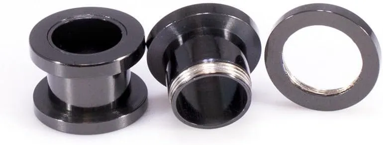 Ear Plugs Jewelry. Pair of Screw Ear Tunnels Black IP. Surgical Steel.