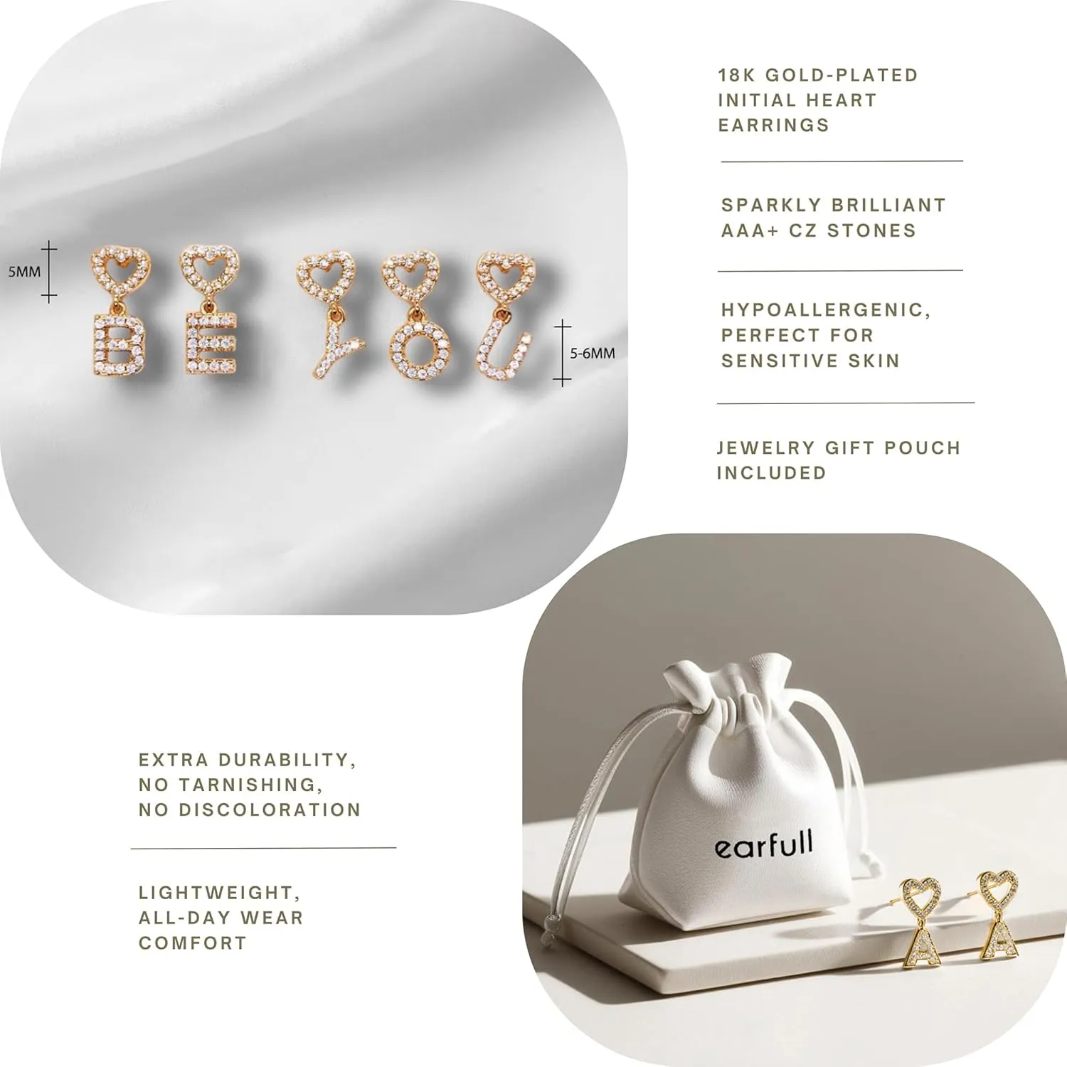 EARFULL Initial Heart Stud Earrings, 18K Gold Plated Dainty Alphabet Letter Open Heart CZ Stud Earrings Hypoallergenic Little Initial Earrings for Women Teens Birthday Gifts Jewelry
