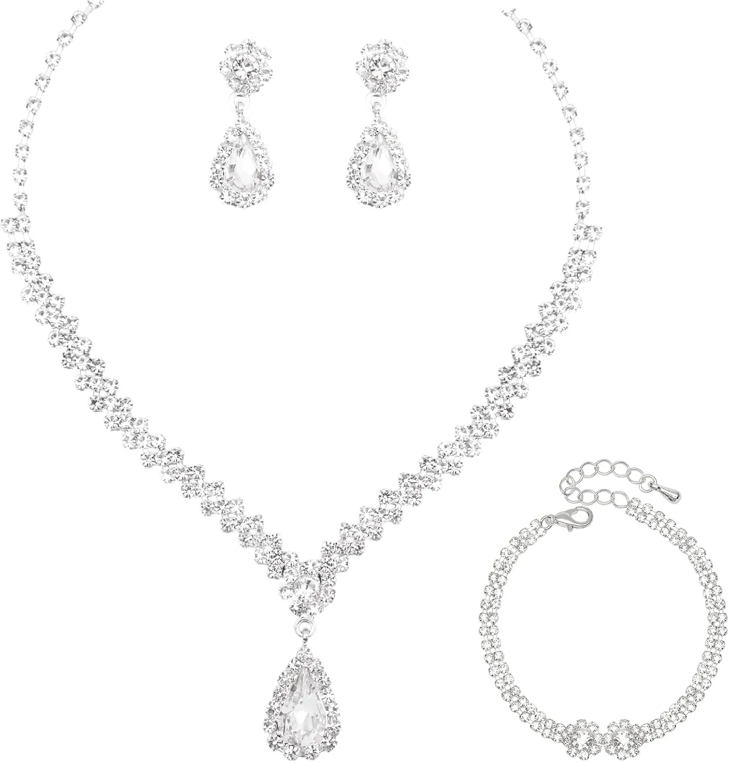 Elegant Crystal Necklace Earrings Bracelets Set Silver Bridal Wedding Jewelry Sets Bride Bridesmaids Prom Formal Costume Accessories for Women