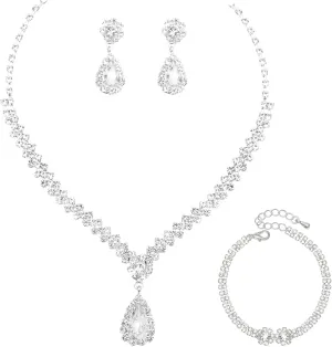 Elegant Crystal Necklace Earrings Bracelets Set Silver Bridal Wedding Jewelry Sets Bride Bridesmaids Prom Formal Costume Accessories for Women
