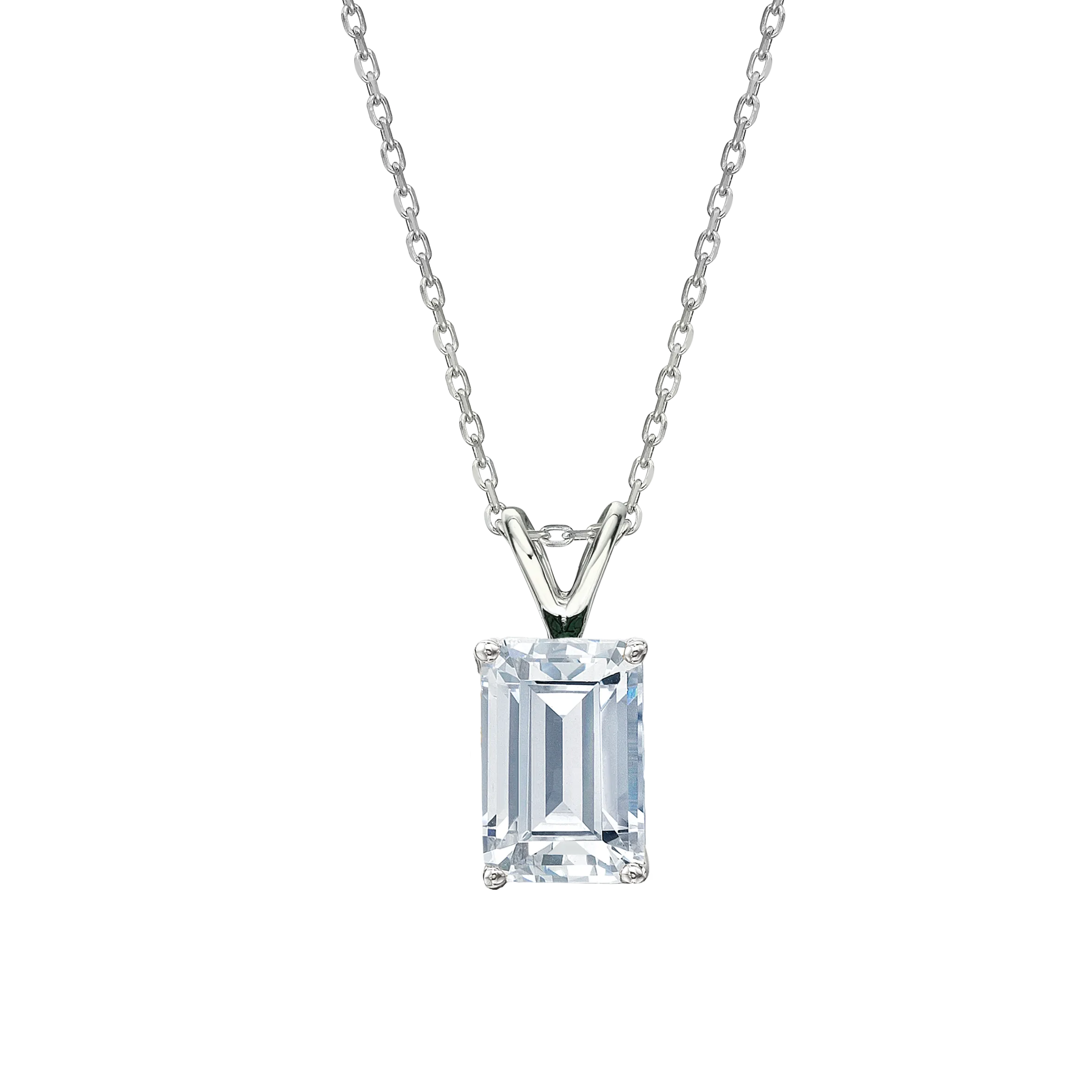 Emerald Cut solitaire pendant with 3 carat* diamond simulant in 10 carat white gold