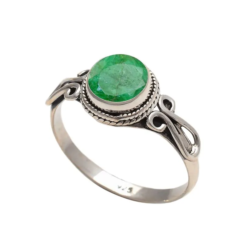 Emerald Stone Ring, Handmade 925 Sterling Silver Rings for Women Girls, Natural Gemstone Ring US size 7 Solitaire Ring, Round Stone Ring, Minimalist Birthstone Gift Jewelry for her