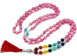Energized 7 Chakra mala Hand Knotted 108 mala beads necklaces - Japa mala - Buddhist prayer beads - Meditation beads - Healing crystals for men women (Pink Jade chakra mala)