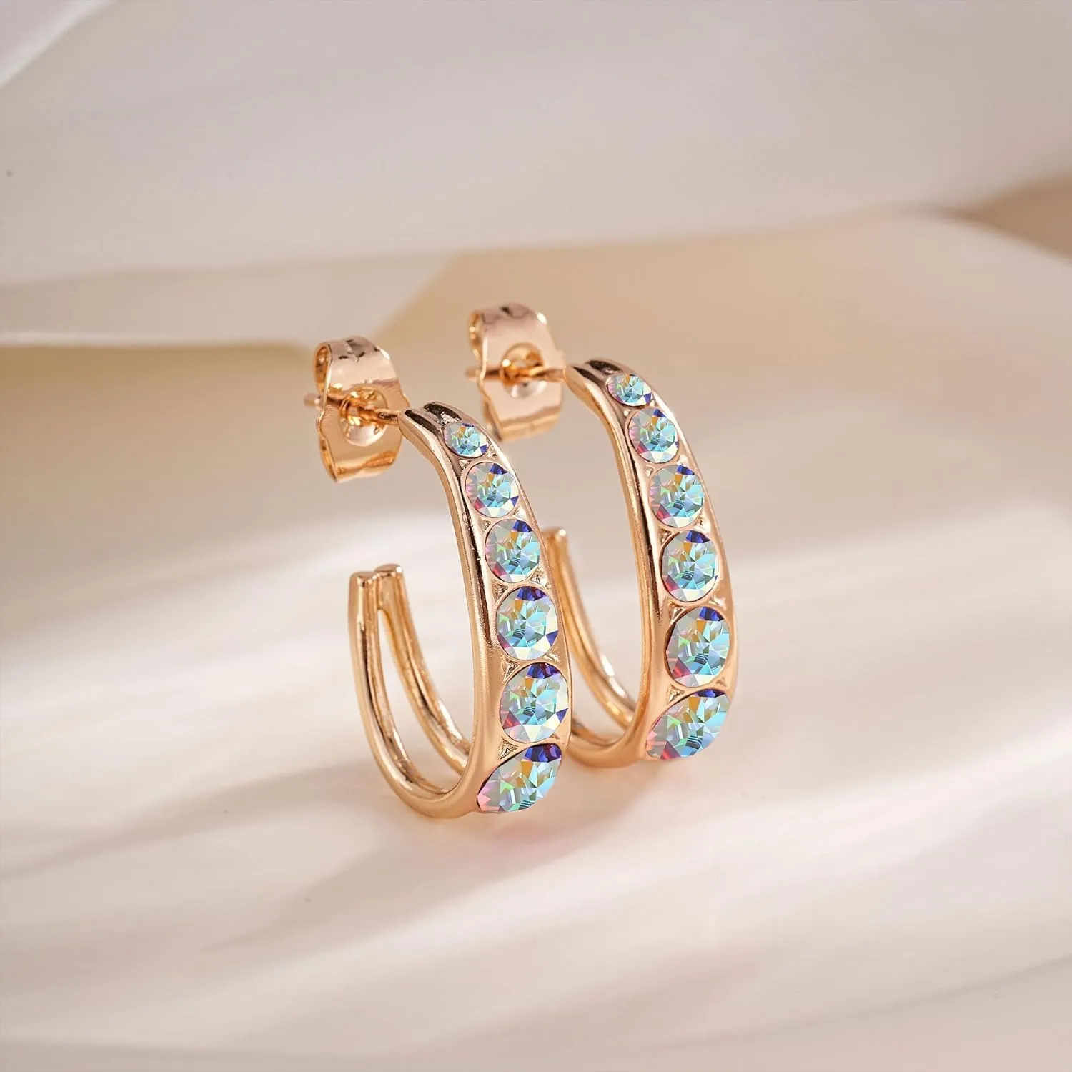EVEVIC Austrian Crystal Open Half Hoop Chunky Gold Earrings for Women 14K Gold Plated Hypoallergenic Jewelry Gift