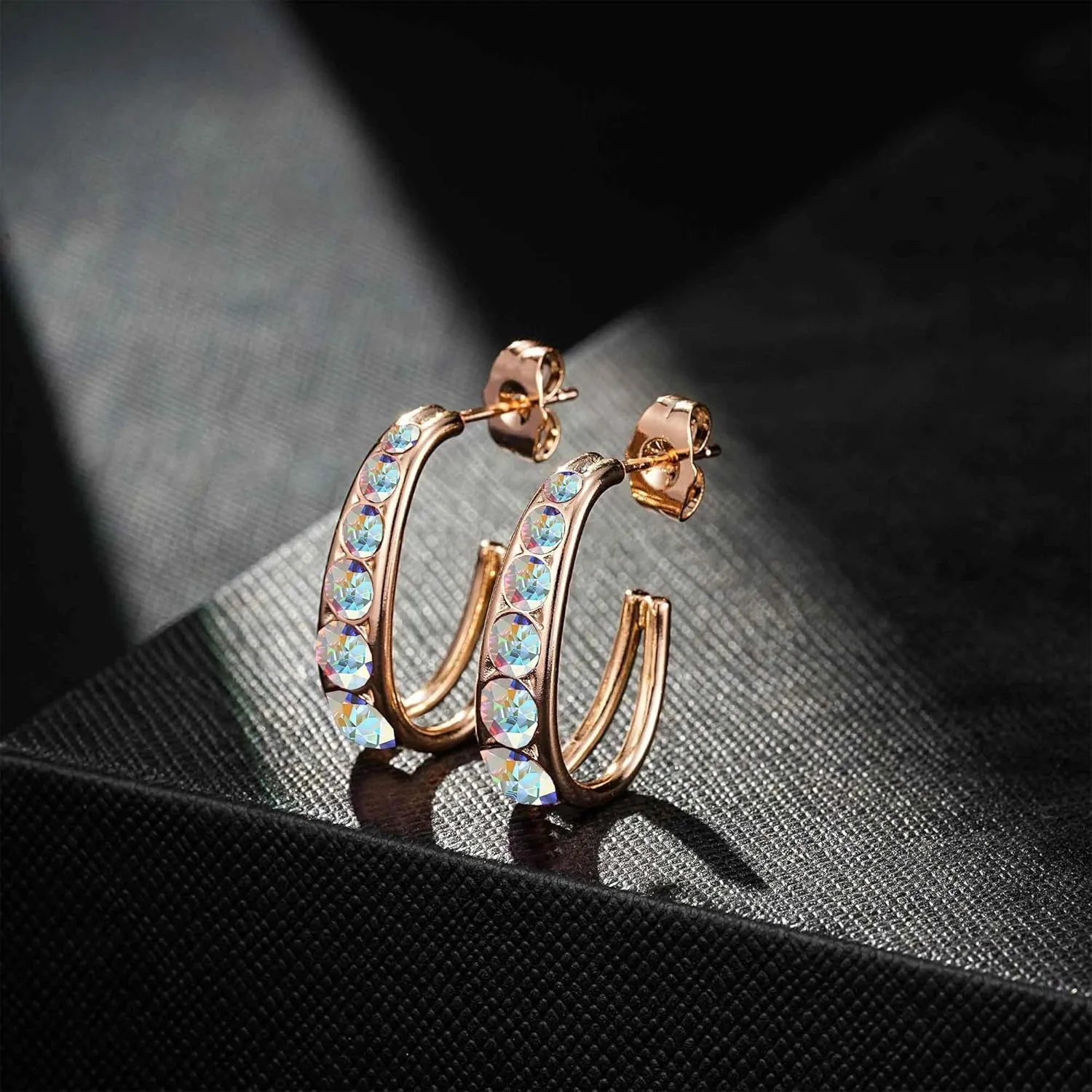 EVEVIC Austrian Crystal Open Half Hoop Chunky Gold Earrings for Women 14K Gold Plated Hypoallergenic Jewelry Gift