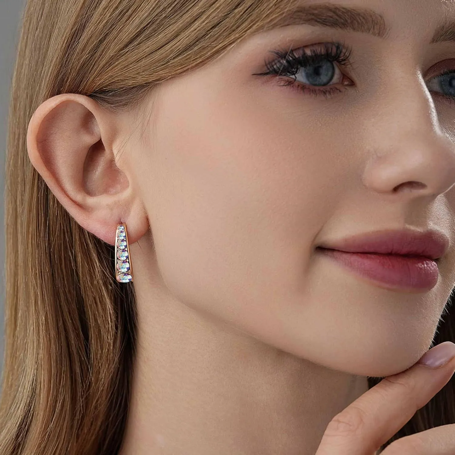 EVEVIC Austrian Crystal Open Half Hoop Chunky Gold Earrings for Women 14K Gold Plated Hypoallergenic Jewelry Gift
