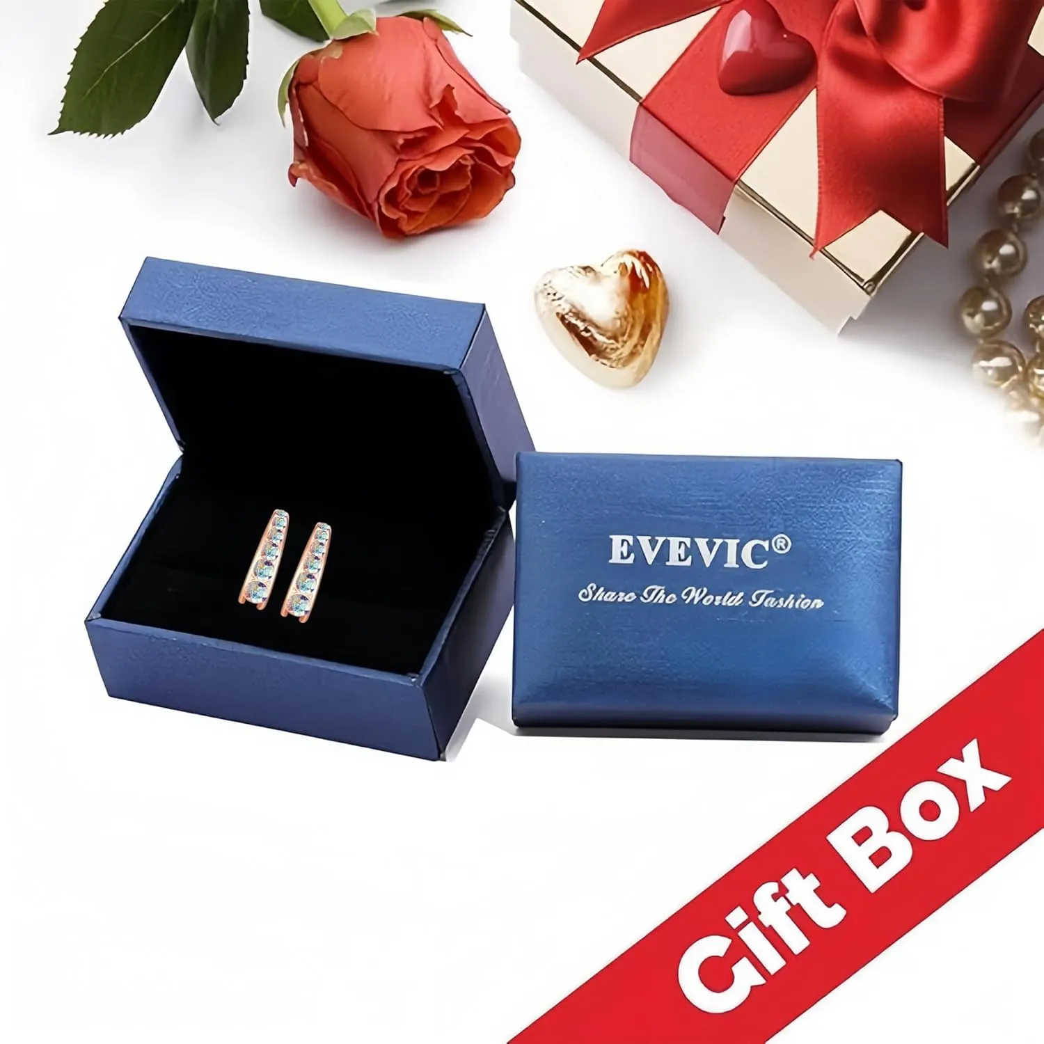 EVEVIC Austrian Crystal Open Half Hoop Chunky Gold Earrings for Women 14K Gold Plated Hypoallergenic Jewelry Gift