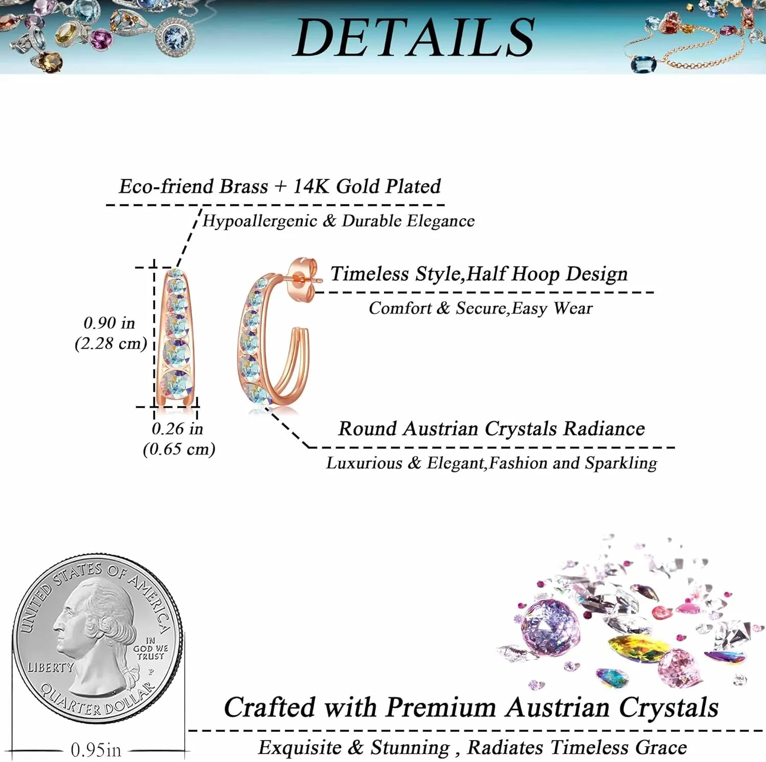 EVEVIC Austrian Crystal Open Half Hoop Chunky Gold Earrings for Women 14K Gold Plated Hypoallergenic Jewelry Gift