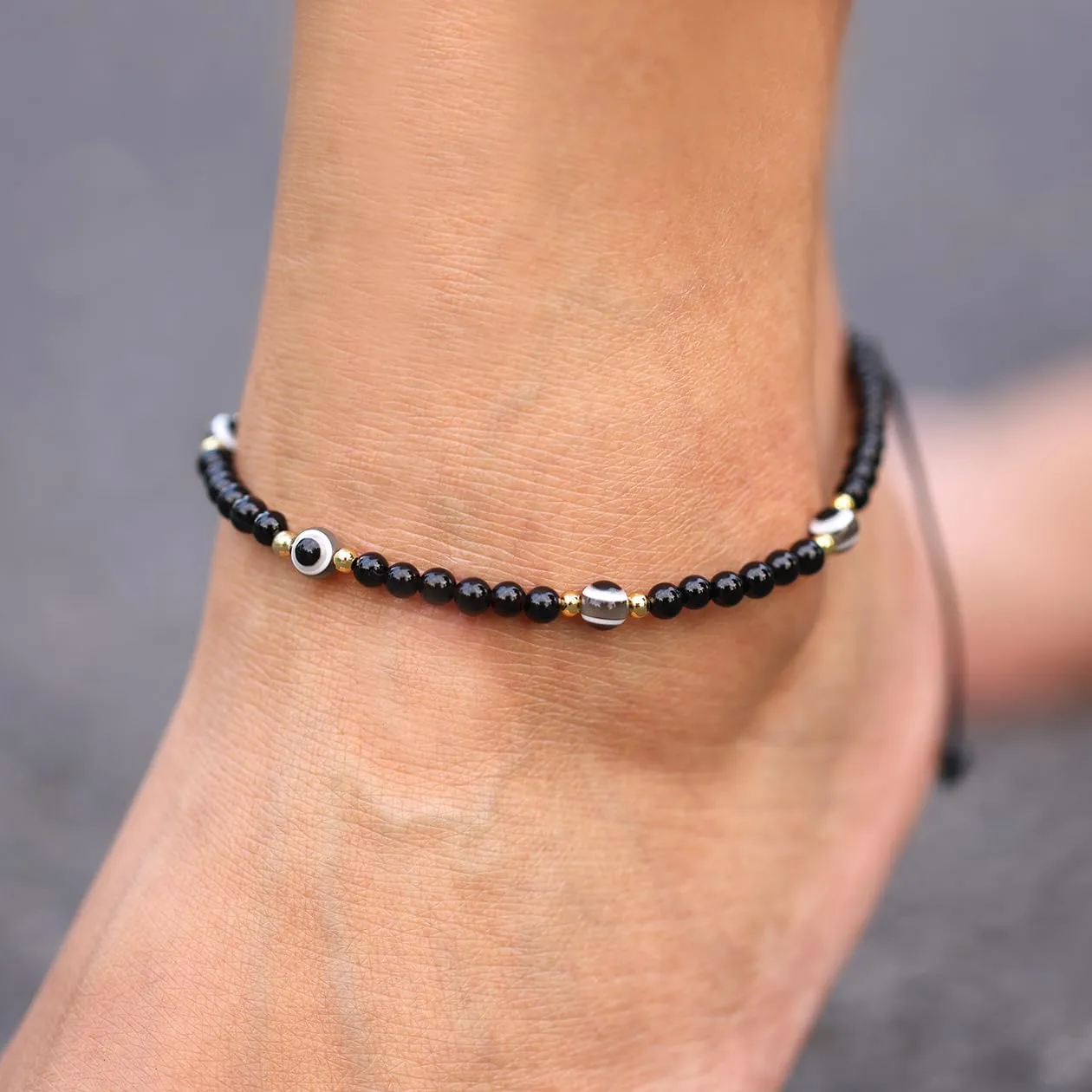 Evil Eye Anklet Gemstones 4mm Agate Beaded Summer Beach Reiki Crystals Ankle Bracelets for Women Protection Jewelry