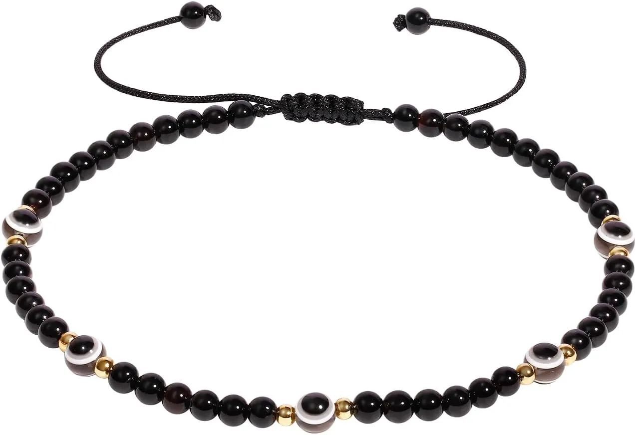 Evil Eye Anklet Gemstones 4mm Agate Beaded Summer Beach Reiki Crystals Ankle Bracelets for Women Protection Jewelry