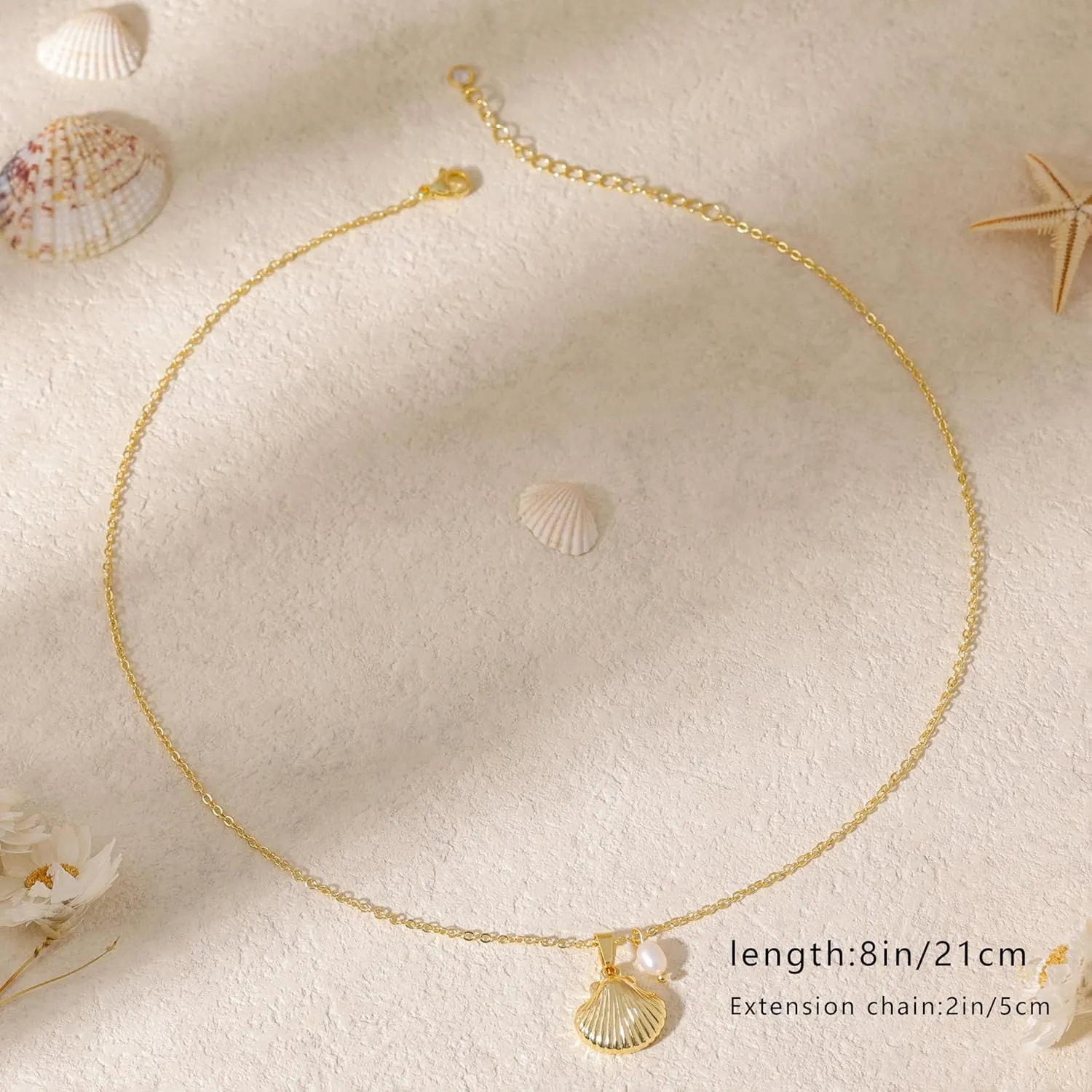 Ewrkbr Gold Necklace for Women,14K Gold Plated Shell Starfish Beach Necklaces Cute Boho Pendant Necklace Fashion Summer Waterproof Pearl Jewelry for Women
