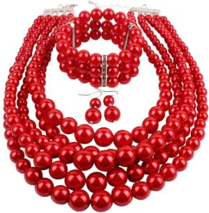 Exaggerated Layered Imitation Pearl Beads Choker Necklace Bracelet Drop Dangle Earring Multilayer Stacking Statement Strand Polished Ball Costume Jewelry Sets for Women