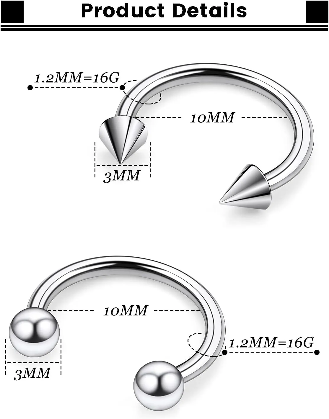 F136 Titanium 16/14/12/8/4/2g Septum Ring Gauge Earrings Lip Rings Prince Albert Jewelry Internally Threaded Horseshoe Hoop Piercings