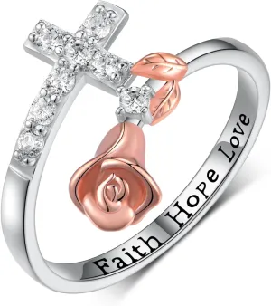 Faith Cross Rings 925 Sterling Silver Faith Ring Rose Cross Faith Hope Love Inspirational Jewelry for Women