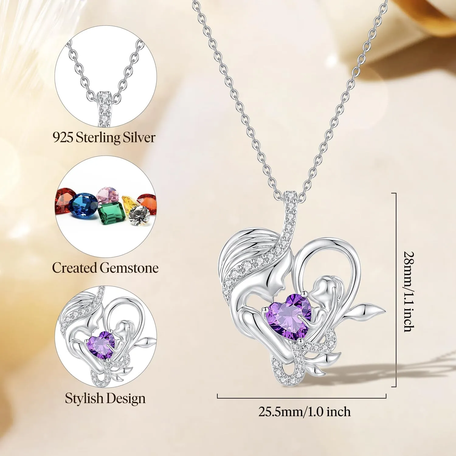 FANCIME Birthstone Mother & Child Heart Necklace - Tree of Life Pendant I Love You Mom Jewelry Gift for Mom, Grandmother, Wife, 16" 2" Chain, Symbol of Love & Eternal Bond