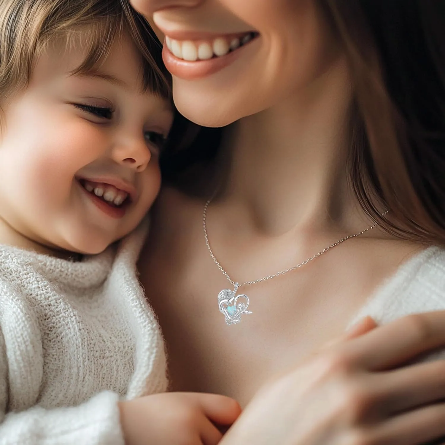 FANCIME Birthstone Mother & Child Heart Necklace - Tree of Life Pendant I Love You Mom Jewelry Gift for Mom, Grandmother, Wife, 16" 2" Chain, Symbol of Love & Eternal Bond