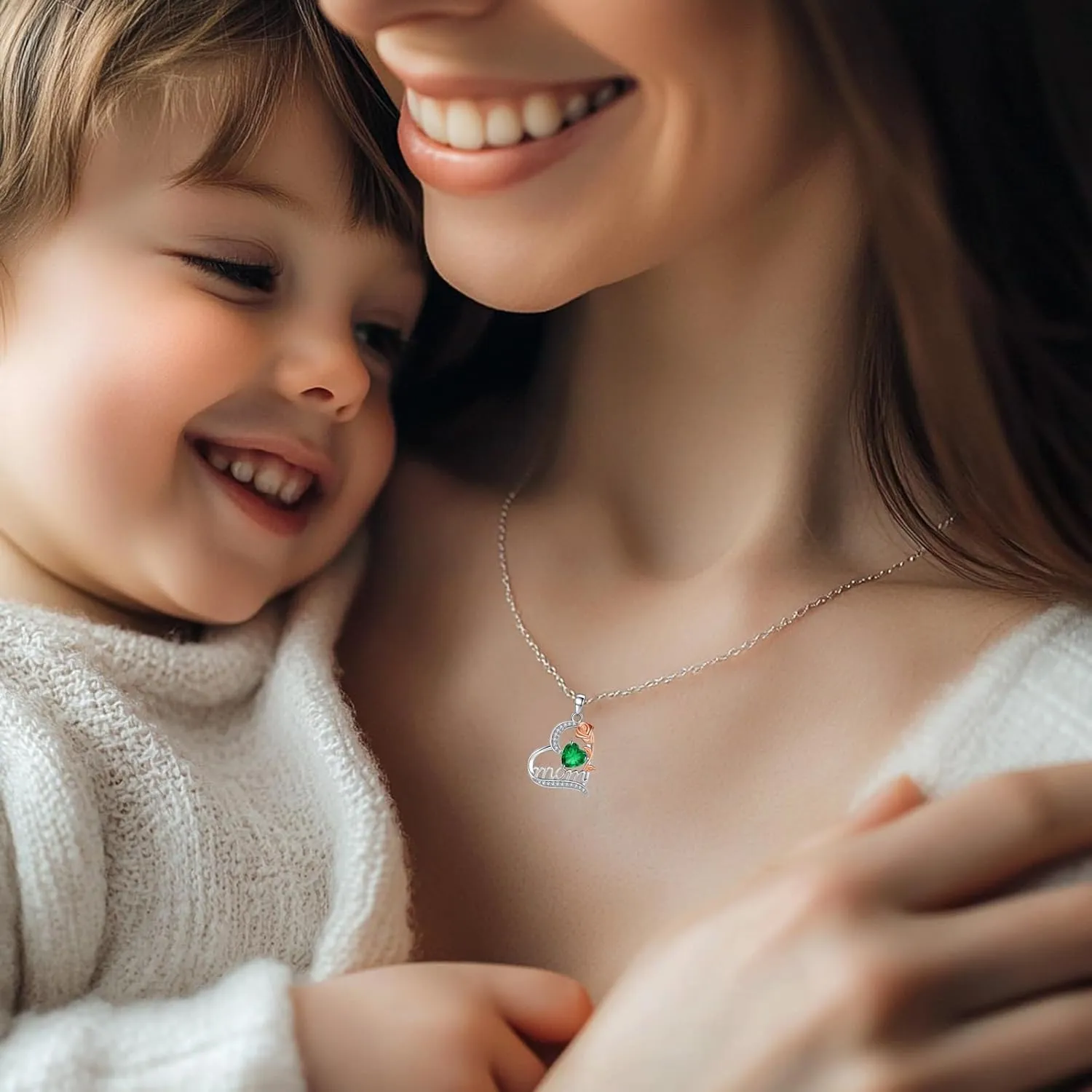 FANCIME Mom Birthstone Necklace for Women Rose Heart Necklace I Love You Mom Gifts Mother's Day Gifts Jewelry for Grandmother Women Wife, 16" 2" Inches