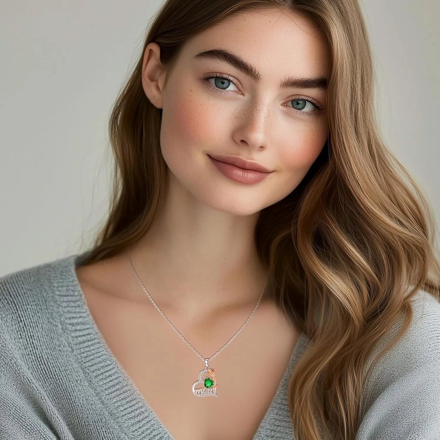 FANCIME Mom Birthstone Necklace for Women Rose Heart Necklace I Love You Mom Gifts Mother's Day Gifts Jewelry for Grandmother Women Wife, 16" 2" Inches