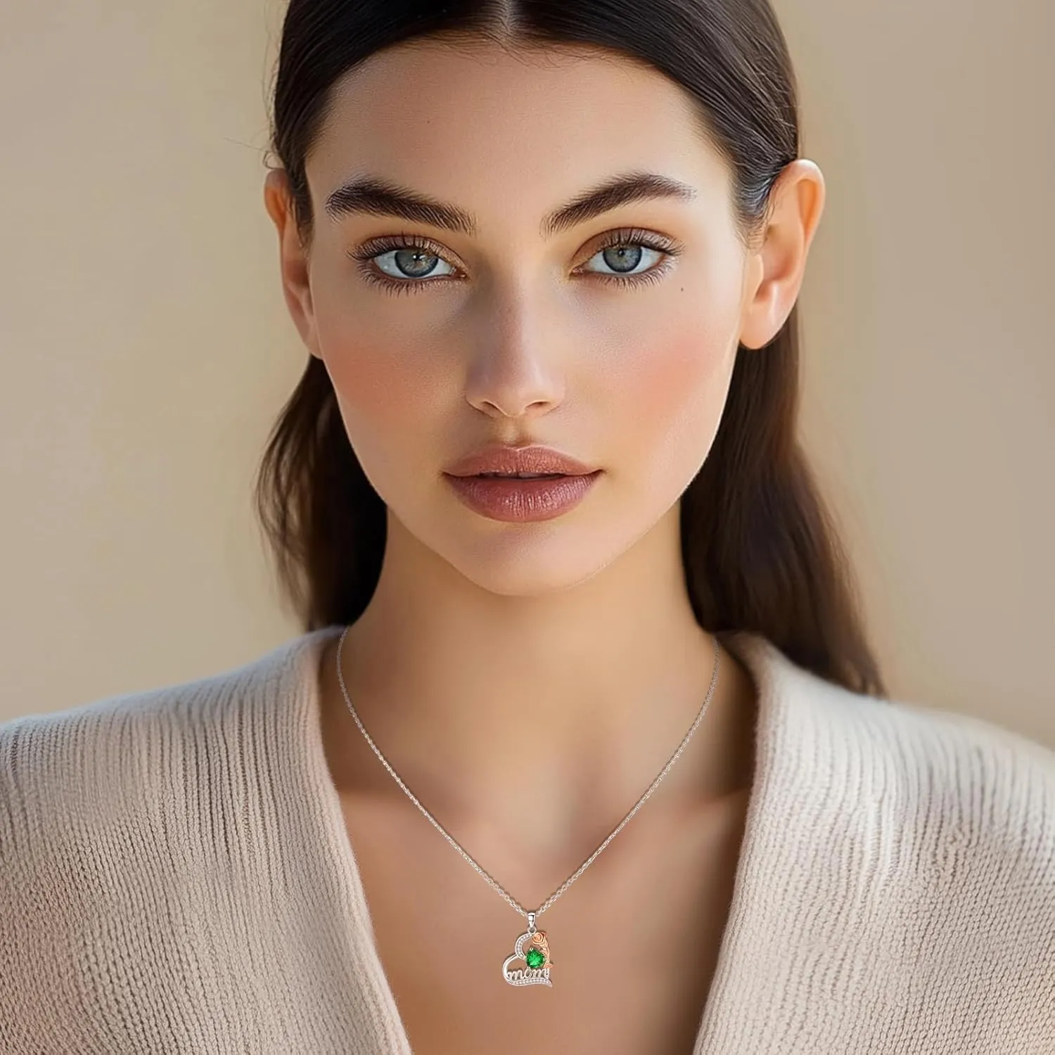 FANCIME Mom Birthstone Necklace for Women Rose Heart Necklace I Love You Mom Gifts Mother's Day Gifts Jewelry for Grandmother Women Wife, 16" 2" Inches