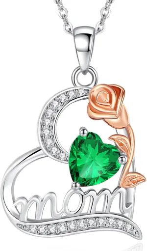 FANCIME Mom Birthstone Necklace for Women Rose Heart Necklace I Love You Mom Gifts Mother's Day Gifts Jewelry for Grandmother Women Wife, 16" 2" Inches