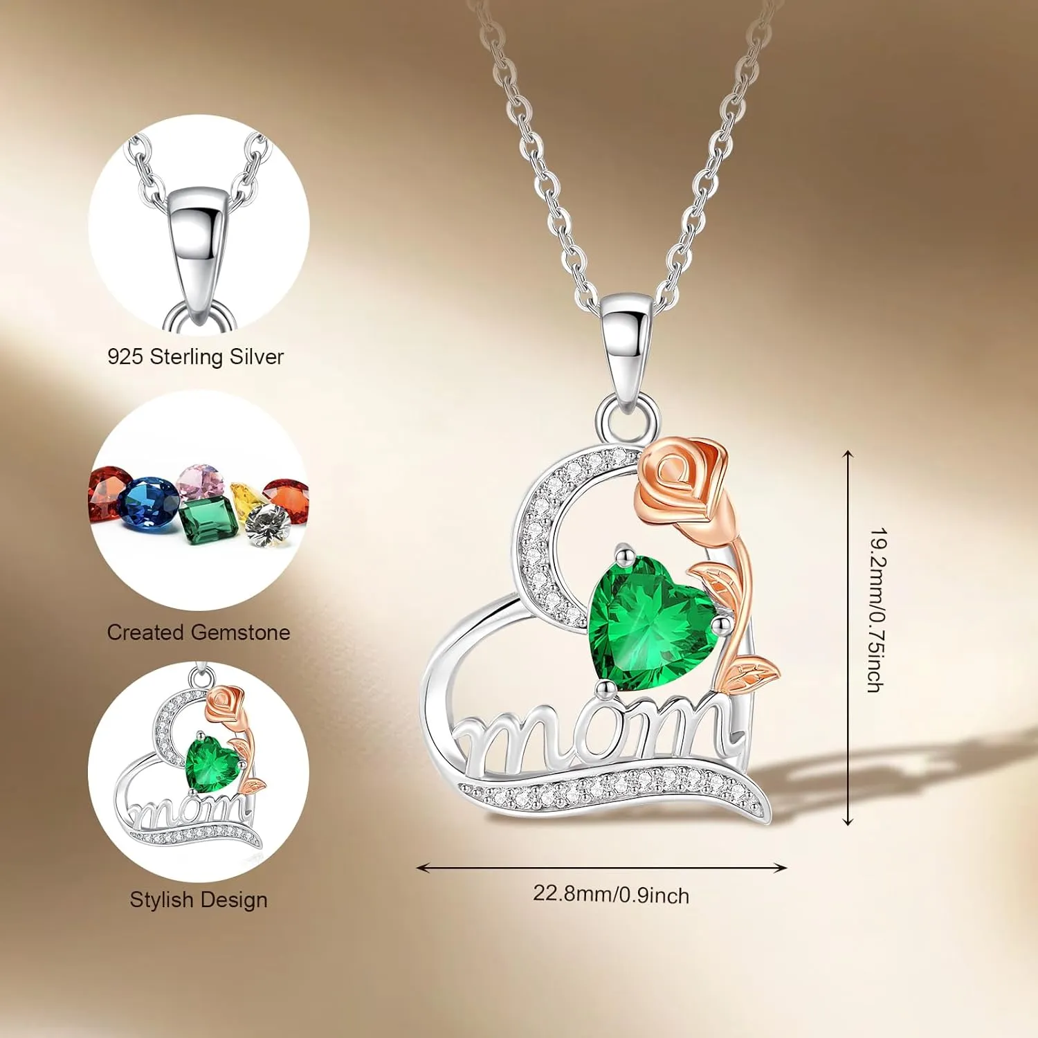 FANCIME Mom Birthstone Necklace for Women Rose Heart Necklace I Love You Mom Gifts Mother's Day Gifts Jewelry for Grandmother Women Wife, 16" 2" Inches